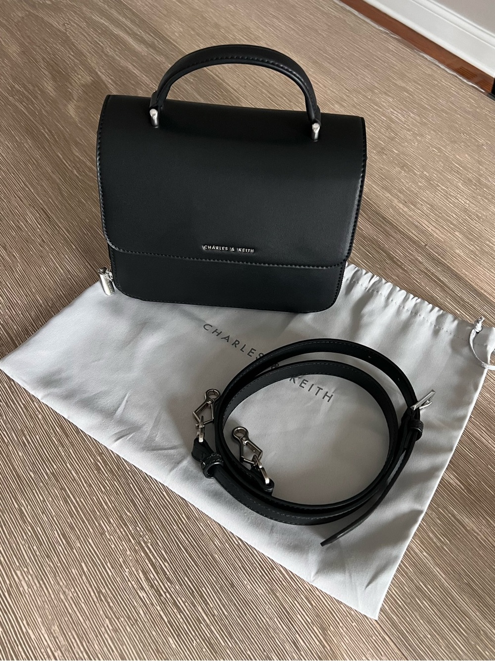 CHARLES & KEITH Black Front Flap Top Handle Bag & Cardholder